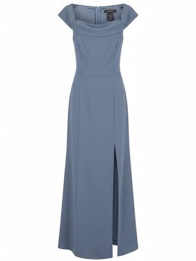 Dessy Collection Slate Blue Cowl Off-Shoulder Maxi Dress